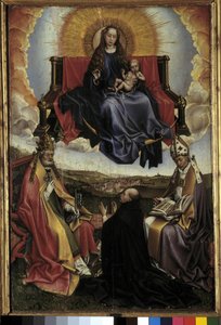 Jungfrau in Herrlichkeit zwischen St. Peter und St. Augustinus. Gemälde von Robert Campin, genannt der Meister von Flemalle (1378-1444). Musée Granet, Aix-en-Provence von Master of Flémalle