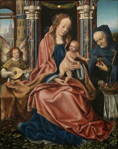 Triptychon der Heiligen Familie mit musizierenden Engeln. Mitteltafel von Master of Frankfurt