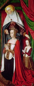 Das Bourbon-Altarbild, rechte Tafel, die hl. Anna präsentiert Anne von Frankreich und ihre Tochter Suzanne von Bourbon, um 1498 von Master of Moulins