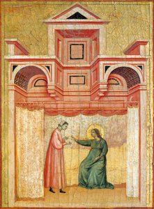 Cecilia überzeugt ihren Ehemann Valerian zur Taufe, Detail aus dem Altarbild, das die Legende der heiligen Cecilia darstellt, ca. 1304, von Meister der heiligen Cecilia, Tempera auf Holz und Goldblatt, 85x181 cm