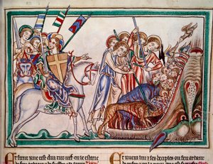 Der Herr und seine Armee stürzen das Tier und seine Anbeter in die Hölle. Miniatur aus dem Manuskript „Apocalypse historiee“, Folio 38. 1250. Beleuchtung des Meisters von Sarum. Paris, NL