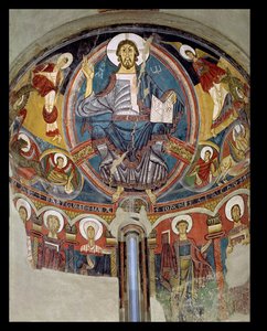 Christus in Majestät flankiert von Seraphim und Symbolen der Evangelisten, Apsismalerei aus San Climente in Taull (Tahull) Katalonien, ca. 1123 von Master of Tahull