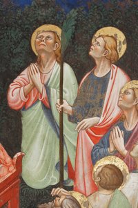 Mariä Himmelfahrt und die Jungfrau Maria, die den Gürtel oder Heiligen Gürtel an den Heiligen Thomas übergibt (Detail) von Master of Vignola