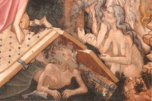 Auferstehung und Abstieg in den Limbus (Detail): die Tore der Hölle und die Figur des Teufels am Boden von Master of Vignola