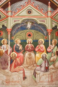 Pfingsten (Detail): betende Heilige und Jungfrau Maria, und die Taube von Master of Vignola