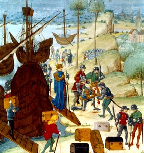 König Eduard III. kommt am 12. Juli 1346 in Saint Vaast La Hogue an, Illustration aus den Chroniques d