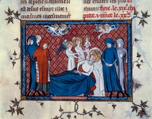 Tod des Heiligen Ludwig in Tunis am 25. August 1270. Miniatur aus dem Manuskript „Leben und Wunder des Heiligen Ludwig“ (Seite 277), illuminiert von Mahiet und geschrieben von Wilhelm von Saint-Pathus von Master of the Cambrai Missal Mahiet