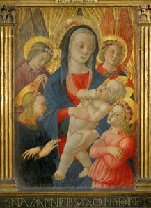 Madonna und Kind, umgeben von vier Engeln