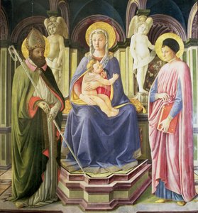 Die Madonna und das Kind mit den Heiligen Clemens und Justin von Master of the Castello Nativity