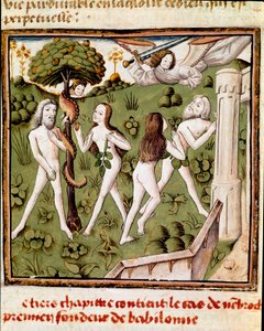 Adam und Eva pflücken die verbotene Frucht. Miniatur des Meisters des Champion des Dames aus dem Manuskript „Von berühmten Männern“ von Giovanni Boccaccio von Master of the Champion des Dames