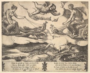 Allegorie der Ehe und Liebe, Juno in einem von Pfauen gezogenen Wagen links, Venus in einem ..., 1530-60 von Master of the Die