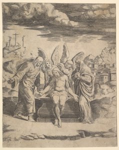 Christus sitzt auf dem Grab, unterstützt von Engeln von Master of the Die