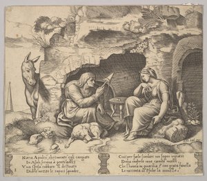 Tafel 1: Apuleius verwandelt sich in einen Esel und hört die Geschichte der alten Frau, 1520-70 von Master of the Die