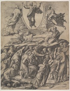 Die Verklärung Christi, der oben in der Mitte erscheint, darunter verschiedene Figuren, 1530-60