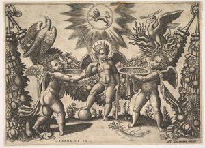 Zwei Putti präsentieren einem Putto in der Gestalt des Gottes des Reichtums goldgefüllte Becher von Master of the Die