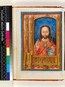 Illuminierte Handschrift. Stundenbuch, Folio 13 verso: Salve sancta facies, Christus als Salvator mundi mit Kugel und Segen, architektonischer Rahmen mit Heiligen in Nischen und St. Veronika mit dem Schweißtuch, 1510