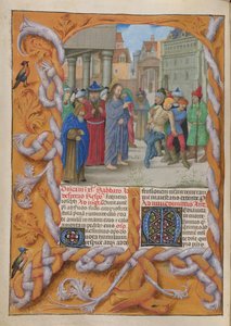 Temporale (1. Teil: vom Ersten Adventssonntag bis Karsamstag). Christus treibt einen stummen Teufel aus (Dritter Fastensonntag). Rand und zwei Textspalten, mit Initialen.