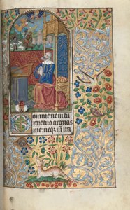 Stundenbuch (Gebrauch von Rouen): fol. 80r, Eröffnung der Bußpsalmen, David als Büßer, im Hintergrund David, der Goliath erschlägt