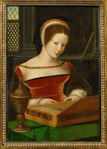 Dame am Klavichord. Der Salbentopf ist ein Attribut der Heiligen Maria Magdalena von Master of the Half Figures