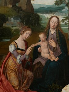 (Detail) des zentralen Panels der Jungfrau und des Kindes mit der Heiligen Katharina und der Heiligen Barbara, ca. 1520-25