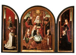Ein Kanon mit St. Livinus (linker Flügel), Die Familie der St. Anna (Mittelteil), Stifter mit St. Elisabeth (rechter Flügel), Die Verkündigung (geschlossen) um 1500-10 von Master of the Holy Family of St. Anne
