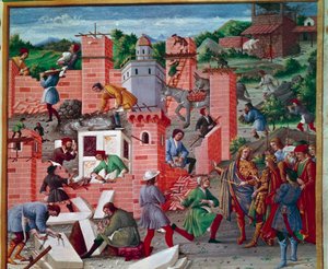 Der Bau der Stadt Rom. Zwillinge Romulus und Remus besuchen die Baustelle (Inspektion der Arbeiten und Fortschritte). Die Arbeiter sind bei der Arbeit: Maurer, Steinmetze, Träger, Marmor- und Zementarbeiter (Zementvorbereitung). Miniatur in „Romuleon“. von Master of the Innocent III missal