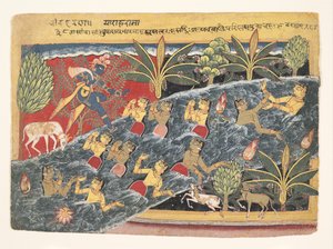 Die Gopis bitten Krishna, ihre Kleidung zurückzugeben: Folio aus Isarda Bhagavata