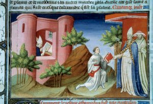 Papst Julius I. (280-337) trifft den Boten von Athanasius von Alexandria zur Zeit des Konzils von Sardica. Der Bote kam, um die Position des im Exil befindlichen Patriarchen in Alexandria zu verteidigen. Miniatur aus „Das Buch der Wunder der Welt“