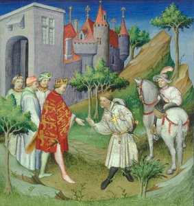 Sir John Mandeville und der König von England, Frontispiz aus "Le Livre des Merveilles", Paris, ca. 1420 (Manuskript) von Master of the Mazarine