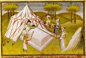 Der mongolische Führer Dschingis Khan auf seinem Sterbebett gibt seinen Söhnen seine letzten Empfehlungen, ca. 1410 (Miniatur)
