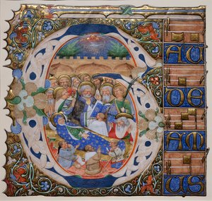 Historiierte Initiale mit dem Tod der Jungfrau. Meister des Murano Graduale. Ca. 1420 (Pergament)
