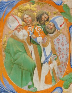 Manuskript-Illumination mit vier Heiligen in einem Initial O, aus einem Chorbuch, Italien