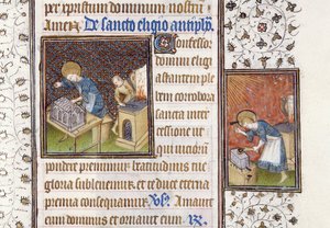 Ms 62 f.215r St. Eligius fertigt ein Heiligtum an; St. Eligius an einem Amboss, aus einem Stundenbuch von Master of the Rohan Hours