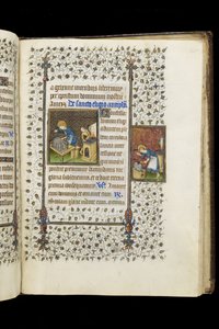 Ms 62 f.215r St. Eligius macht ein Heiligtum; St. Eligius an einem Amboss, aus einem Stundenbuch, ca. 1445-50 von Master of the Rohan Hours