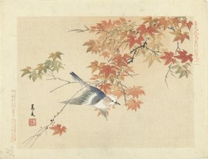 Vogel fliegt bei Herbstzweigen