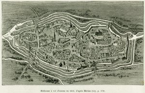 Mulhouse fliegt 1642. Gravur von Matthäus Merian (1593-1650) zur Illustration der Geschichte „Durch Elsass und Lothringen“ von Charles Grad, deutscher Abgeordneter, 1885, in Le Tour du monde 1886, herausgegeben von Edouard Charton (1807-1890), Hachette, Pa von Matthaus the Elder (after) Merian