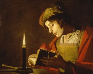 Junger Mann liest bei Kerzenlicht, um 1630
