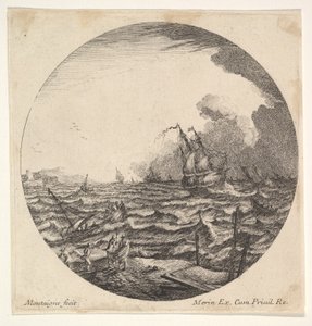 Sturm in einer Rundkomposition, links werfen Wellen ein kleines Schiff mit sieben Personen um, ca. 1625-60