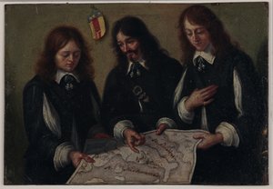 Porträt von Dekan John Bargrave, seinem Neffen Alexander Chapman und Freund John Raymond, die eine Karte von Italien konsultieren