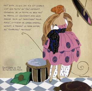 Frau vor ihrem Spiegel, Werbung für Revillon-Pelze, ca. 1920-1930 (Illustration)