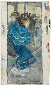Elegante Frau in einem blauen Kleid, ca. 1893-94