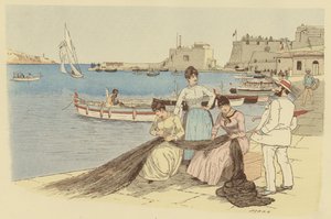 Ein Mann plaudert mit einer Gruppe von Frauen, die Fischernetze in der Stadt Villefranche, Frankreich, flicken (Farblithografie)