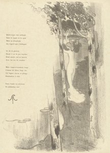 Illustration mit stehender nackter Frau zwischen Bäumen bei einem See bei Gedicht Petit Air von Stéphane Mallarmé (L