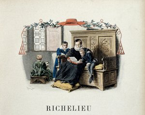 Geschichte Frankreichs: Die Mutter von Armand Jean du Plessis, der Kardinal Richelieu (1585-1642) und dann Minister von Ludwig XIII. wurde, leitet seine ersten Lesungen. Illustration von Maurice Leloir (1853-1940) in „Richelieu“ von Theodore Cahu