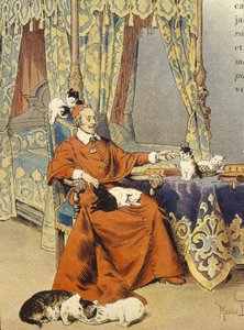 Der Kardinal spielt mit seinen Katzen, die er besonders liebte - in „Richelieu“ von Maurice Leloir, Anfang 20. Jahrhundert von Maurice Leloir