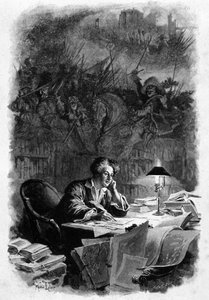 Der französische Schriftsteller Alexandre Dumas (1802-1870) in seinem Büro, als er „Die drei Musketiere“ in den frühen 1840er Jahren schrieb. Illustration von Maurice Leloir (1851-1940). Rechte vorbehalten