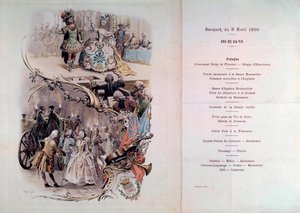 Hochzeitsmenü mit Illustration von Maurice Leloir (1851-1940) von Kostümbällen und galanten Szenen, 6.04.1900