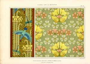 Schmetterlinge und Vögel als Jugendstilornament (Lithografie)