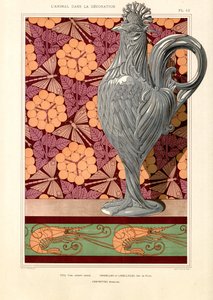 Hahnförmige Vase mit Doldenblumen und Garnelenmuster (Litho)