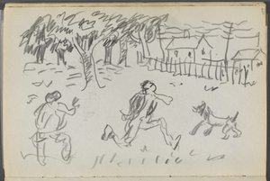 Skizzenbuch, The Dells, Nr. 127, Seite 107: Landschaft mit Figuren und Hund von Maurice Prendergast